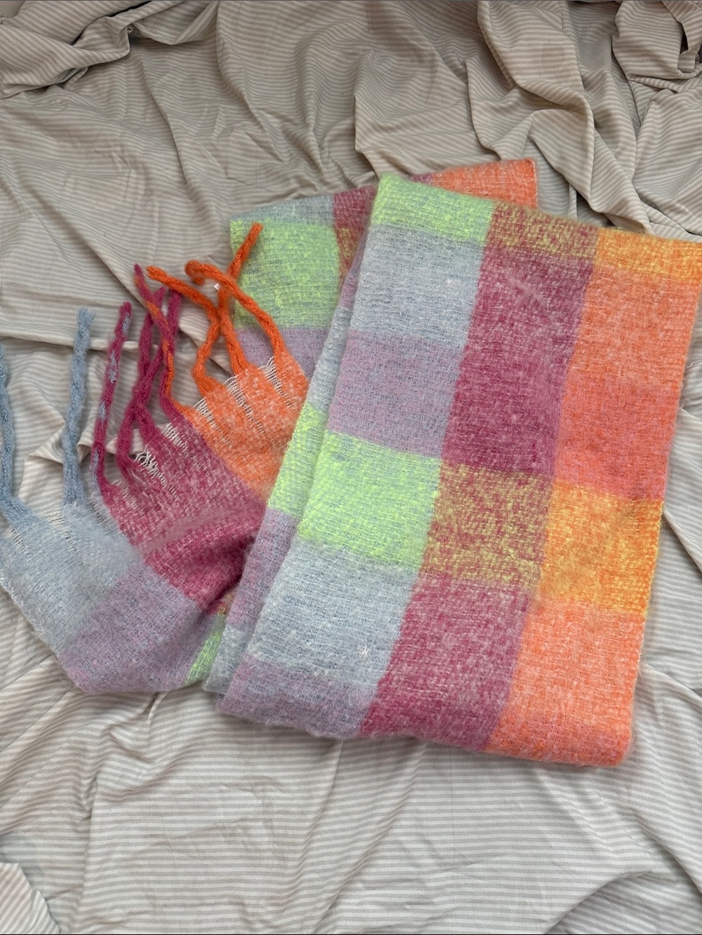 Old Navy Multicolor Plaid Fringe Scarf - Orange, Pink, Lime, Gray